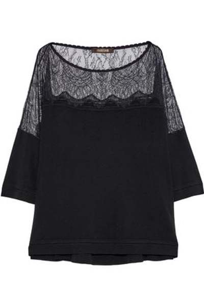 Shop Roberto Cavalli Chantilly Lace-paneled Stretch-knit Top In Black