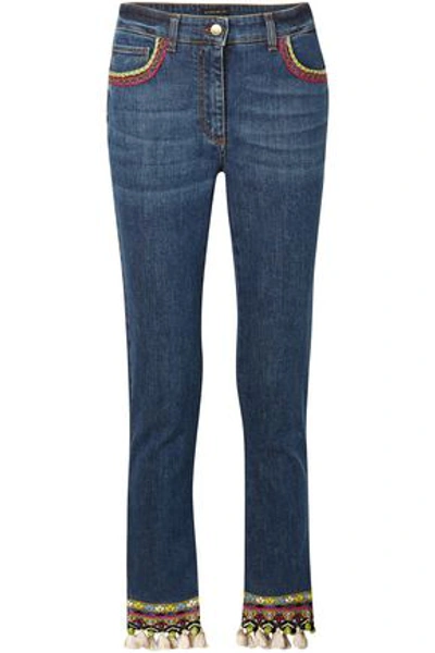 Shop Etro Woman Cropped Embellished High-rise Skinny Jeans Dark Denim