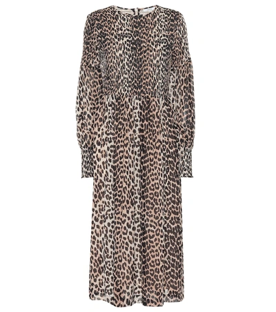 Shop Ganni Leopard Print Georgette Midi Dress In Brown