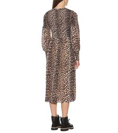 Shop Ganni Leopard Print Georgette Midi Dress In Brown