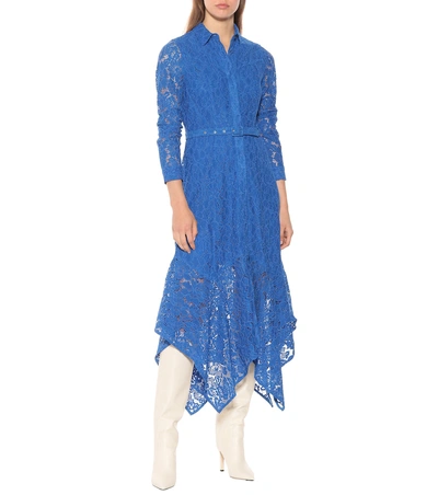 Shop Ganni Cotton-blend Asymmetric Lace Dress In Blue