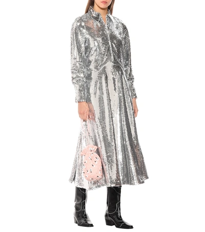 Shop Ganni Sequined Midi Dress In Silver