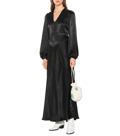 Shop Ganni Polka-dot Satin Maxi Dress In Black