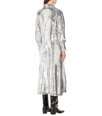 Shop Ganni Sequined Midi Dress In Silver