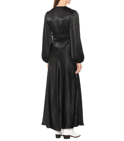 Shop Ganni Polka-dot Satin Maxi Dress In Black