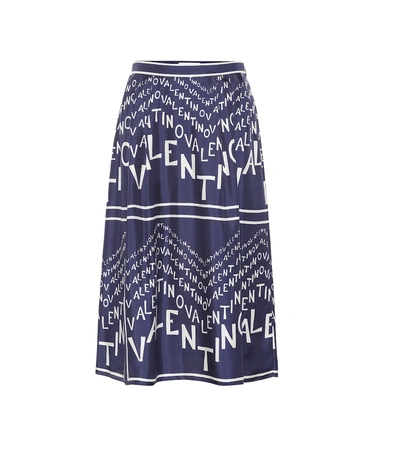 Shop Valentino Printed Silk Twill Midi Skirt In Blue