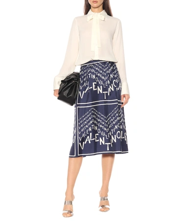Shop Valentino Printed Silk Twill Midi Skirt In Blue