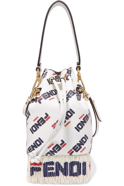 Shop Fendi Logo-printed Fringed Leather Shoulder Bag In White