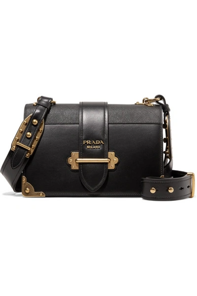 Shop Prada Cahier Smooth And Textured-leather Shoulder Bag In Black
