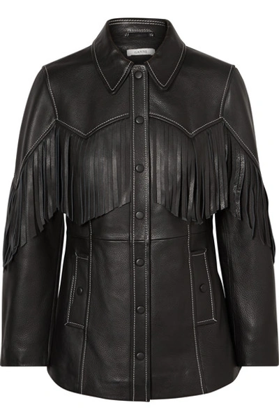Shop Ganni Fringed Textured-leather Jacket In Black