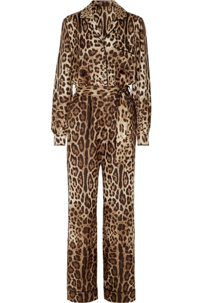 Shop Dolce & Gabbana Leopard-print Silk-twill Jumpsuit In Black