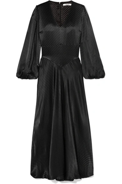 Shop Ganni Polka-dot Hammered-satin Maxi Dress In Black