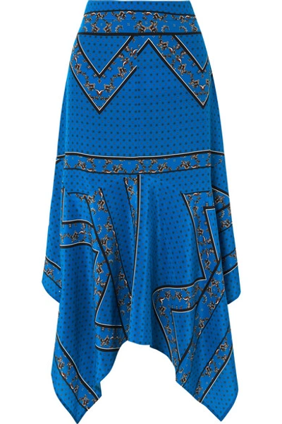 Shop Ganni Asymmetric Silk Crepe De Chine Midi Skirt In Cobalt Blue