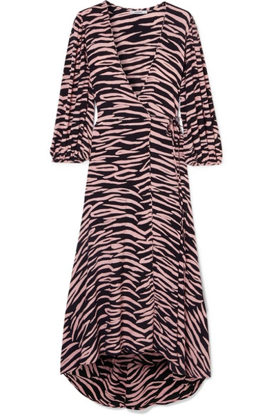 Shop Ganni Zebra-print Crepe Wrap Dress In Pink
