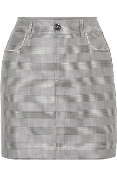 Shop Ganni Crystal-embellished Checked Silk And Wool-blend Mini Skirt In Light Gray