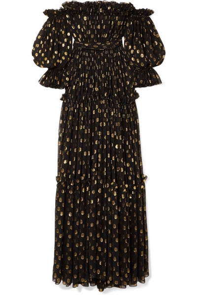 Shop Dolce & Gabbana Off-the-shoulder Polka-dot Metallic Fil-coupé Silk-blend Chiffon Gown In Black