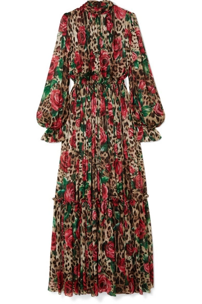 Shop Dolce & Gabbana Pleated Printed Silk-chiffon Gown In Black