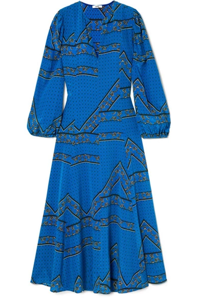 Shop Ganni Printed Silk Crepe De Chine Maxi Dress In Cobalt Blue