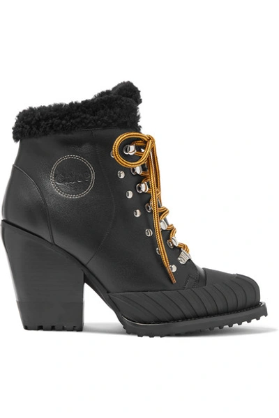 Shop Chloé Rylee Shearling-lined Leather Ankle Boots In Black