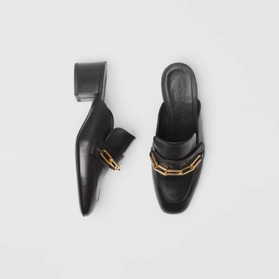 Shop Burberry Link Detail Leather Block-heel Mules In Black