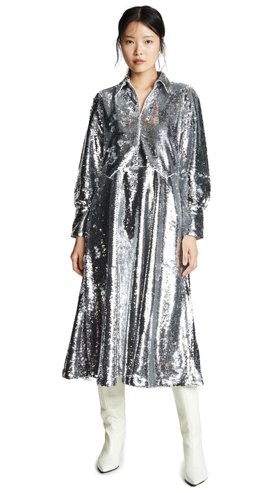 Shop Ganni Sequins Dress In Silver