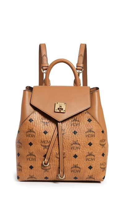 Shop Mcm Essential Visetos Original Small Backpack In Cognac