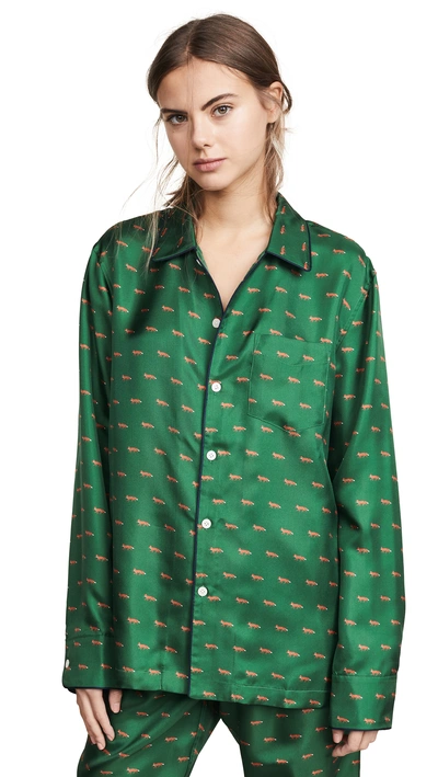Shop Sleepy Jones Silk Henry Pajama Shirt In Green