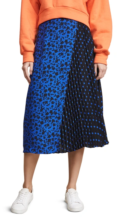 Shop Alice And Olivia Lilia Asymmetrical Pleated Midi Skirt In Ditsy Daffodil Cobalt/black