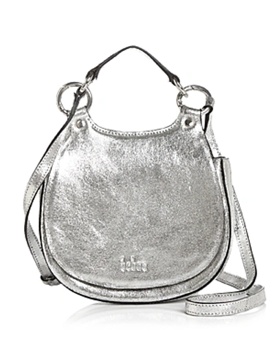 Shop Behno Tilda Mini Leather Crossbody Saddle Bag In Silver/silver