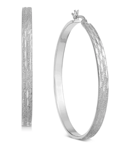 Essentials Large Silver Plated Textured Flat Medium Hoop Earrings In Silver