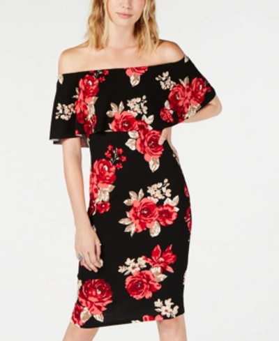 Shop Almost Famous Juniors' Printed Ruffle Off-the-shoulder Dress In Black/red Floral