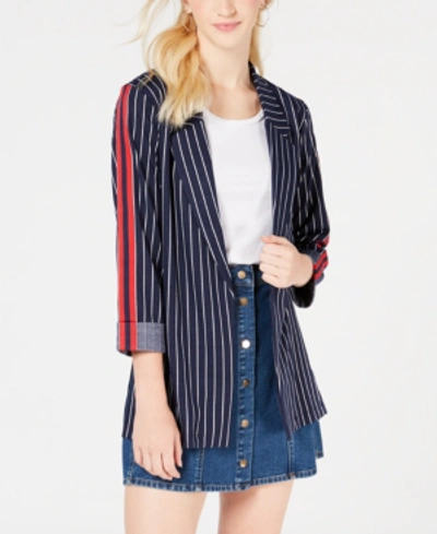 Shop Almost Famous Juniors' Pinstriped Blazer Jacket In Navy