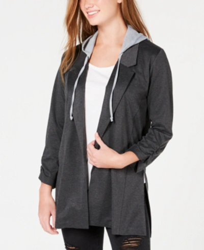 Shop Almost Famous Juniors' Ruched-sleeve Hoodie Blazer Jacket In Charcoal Heather Grey