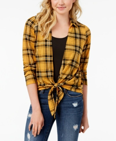 Shop Almost Famous Juniors' Plaid Layered-look Top In Mustard
