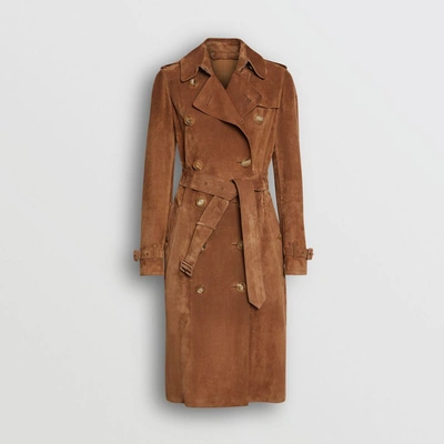 Shop Burberry Suede Trench Coat In Sepia Brown