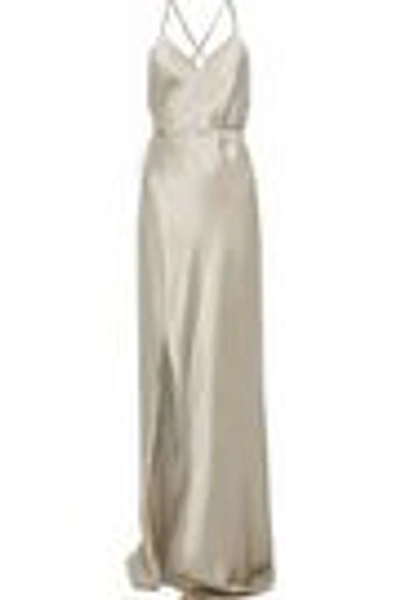 Shop Michelle Mason Open-back Silk-satin Wrap Gown In Platinum