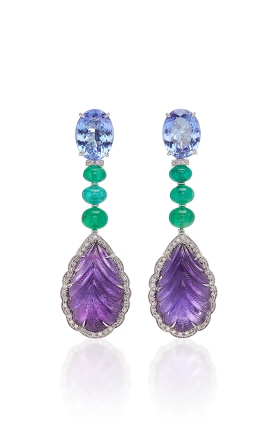 Shop Sabbadini White Gold Diamond Emerald Tanzanite And Amethyst Earrings In Multi