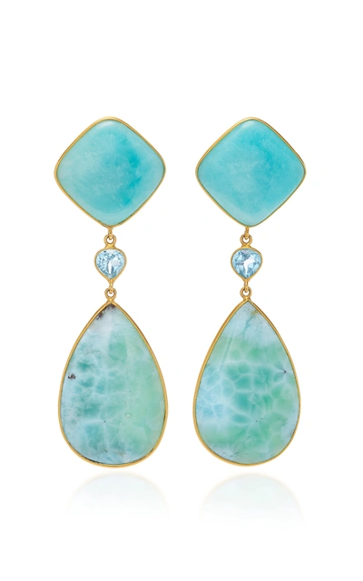 Shop Bahina 18k Gold Amazonite Topaz And Larimar Earrings In Blue