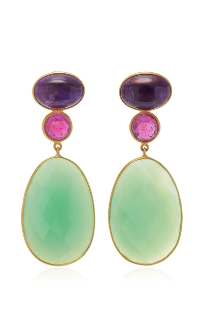 Shop Bahina 18k Gold Amethyst Ruby And Agathe Earrings In Green