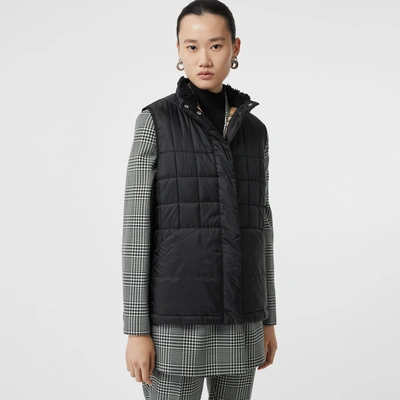 Shop Burberry Faux Shearling Collar Lightweight Quilted Gilet In Black