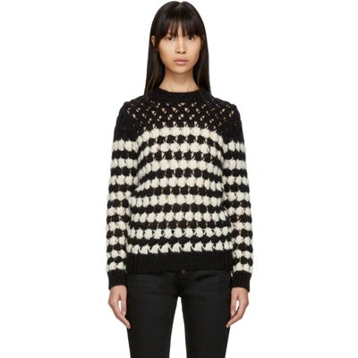 Shop Saint Laurent Black And White Crochet Knit Sweater