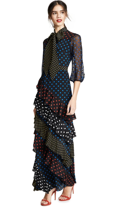 Shop Alice And Olivia Lessie Tie Neck Blsn Sleeve Ruffle Dress In Med Polka Dot Black/cobalt