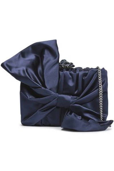 Shop Oscar De La Renta Woman Rogan Bow-embellished Satin Clutch Navy