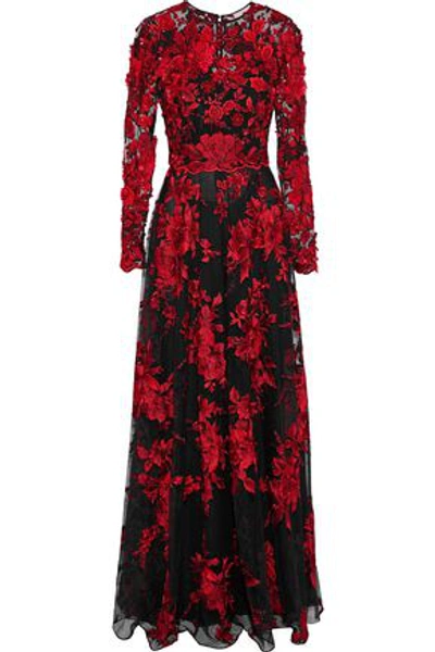 Shop Badgley Mischka Floral-appliquéd Embroidered Tulle Gown In Black