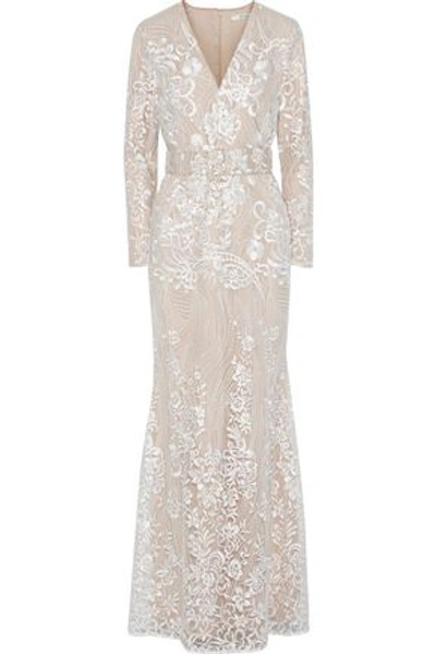Shop Badgley Mischka Woman Belted Embellished Tulle Gown Ivory