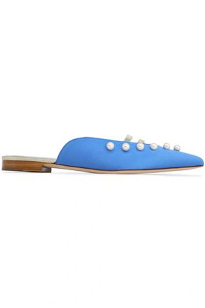 Shop Malone Souliers Woman Zelda Metallic Leather-trimmed Faux Pearl-embellished Satin Slippers Blue