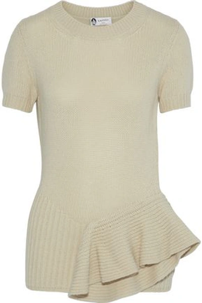 Shop Lanvin Woman Ruffled Ribbed Yak And Wool-blend Sweater Beige