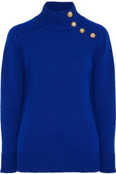 Shop Lanvin Woman Button-detailed Ribbed Wool Turtleneck Sweater Bright Blue