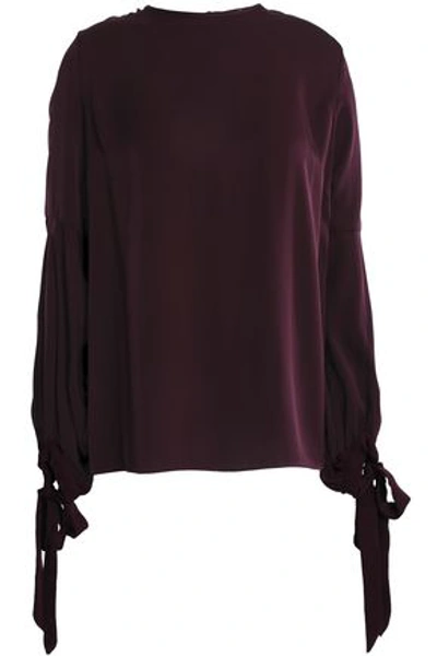 Shop Milly Woman Juliette Bow-detailed Stretch-silk Top Burgundy