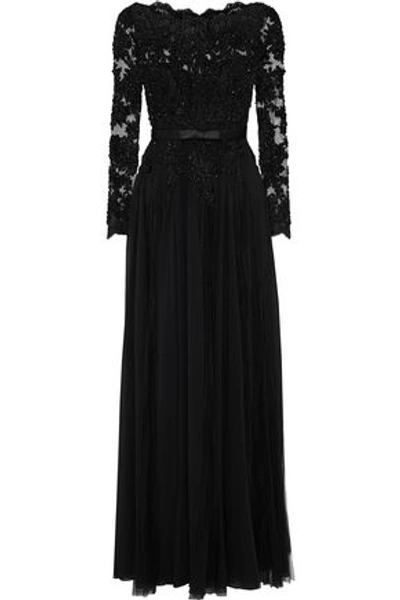 Shop Badgley Mischka Woman Satin-trimmed Embellished Tulle And Chiffon Gown Black